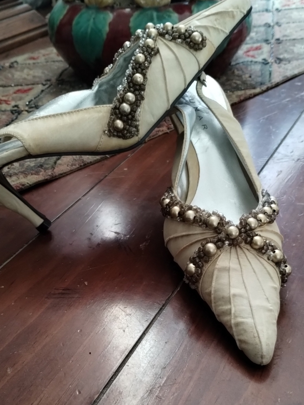 Ivory Beaded Pointed-Toe Slingback Heels